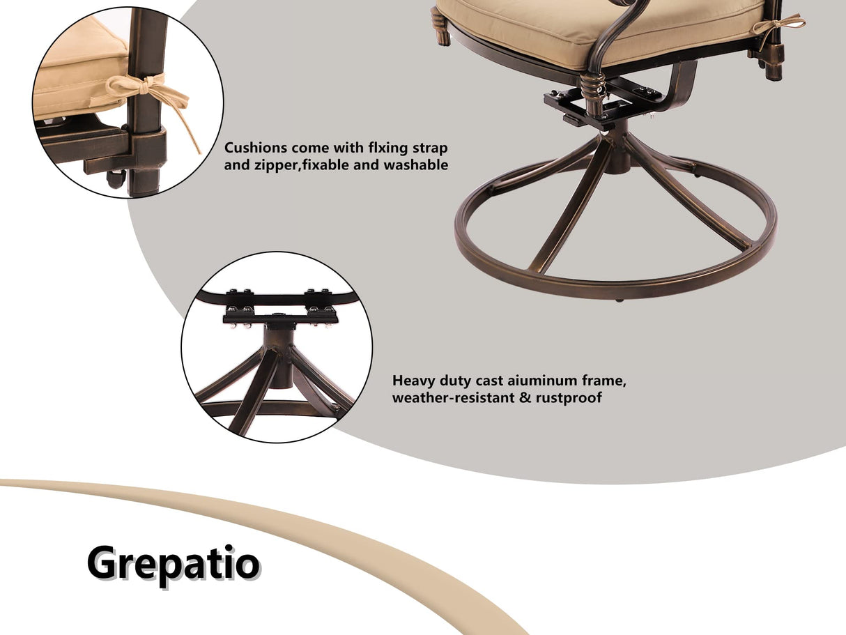 Grepatio 5 Piece Cast Aluminum Patio Dining Set Outdoor Furniture Set with 4 Mesh Swivel Rocker Ding Chairs, 4 Khaki Cushions and 35.4" Square Patio Table 2.4" Umbrella Hole, Antique Bronze Grepatio