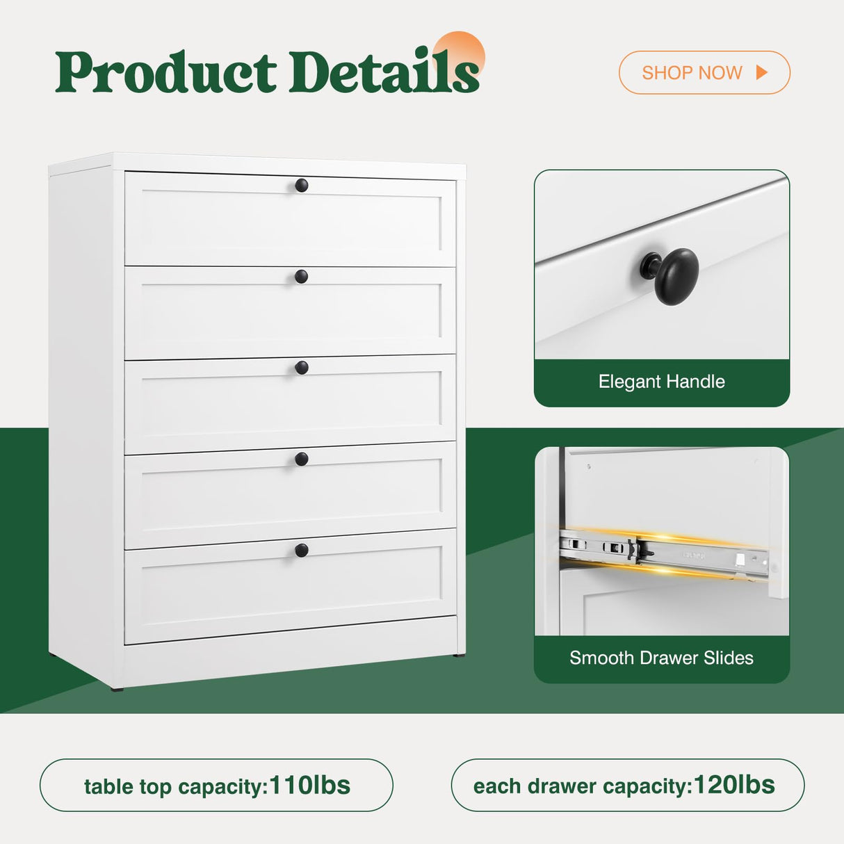 Letaya 5 Drawer Dresser for Bedroom, Metal Chest of Drawers Tall White Closet Organizers and Storage Clothes, Accent Storage Cabinet for Living Room, Entryway, Hallway, White Letaya