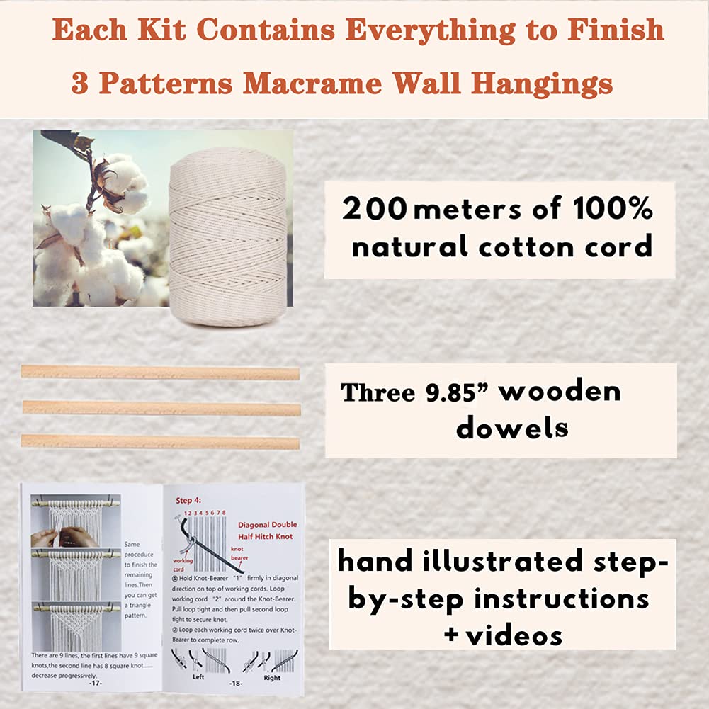 RQWZBCHX DIY Macrame Wall Hanging Kits, 3 Patterns Macrame DIY Wall Hangers for Beginners, Home Decor with 200 Meters Macrame Cord, 3 PCS Wooden Dowels and Instruction Booklet for Macrame Starters RQWZBCHX
