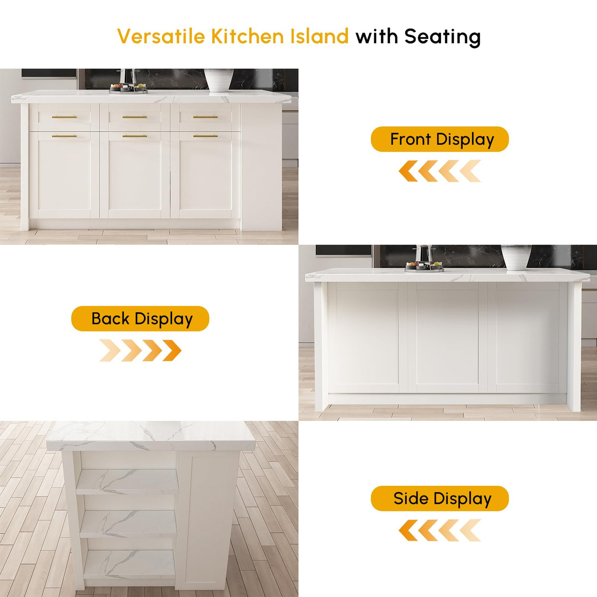 homary 72'' Kitchen Islands with Storage Modern White Kitchen Table with Seating & 3 Drawers Dining Table homary
