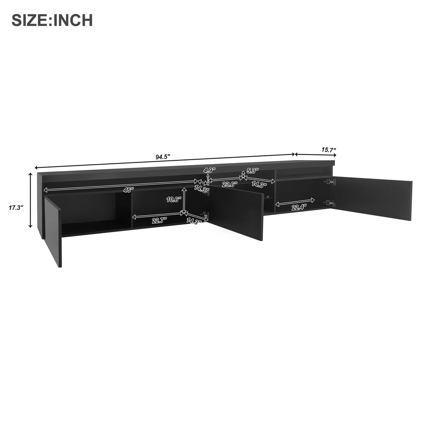 Merax TV Stand for 105 Inch TV, LED Entertainment Center with Open Shelf, Modern TV Console with 3 Cabinets, Media Console for Living Room,Bedroom (95 Inch, Black)