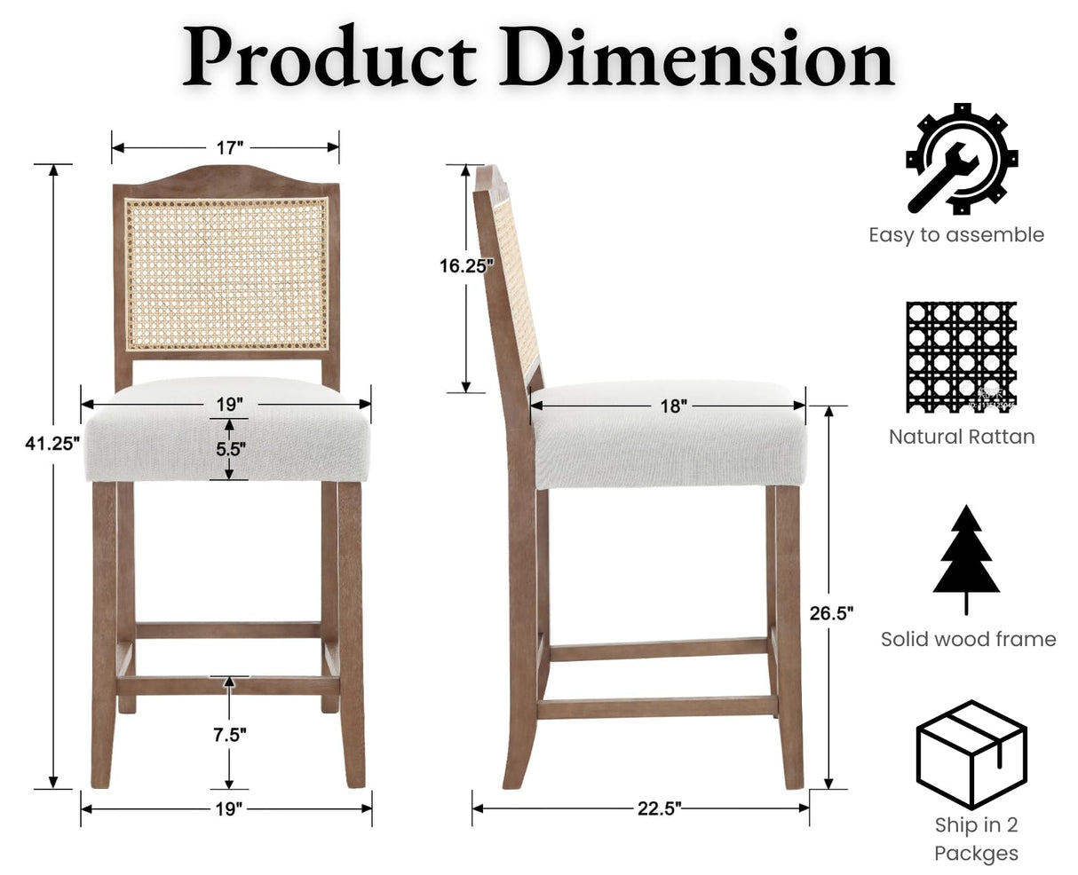 EALSON Counter Height Bar Stools Set of 4 Farmhouse Barstools with Rattan Back Comfortable Upholstered Bar Chairs Mid Century Wood Breakfast Counter Stools for Kitchen Island, Linen Beige EALSON