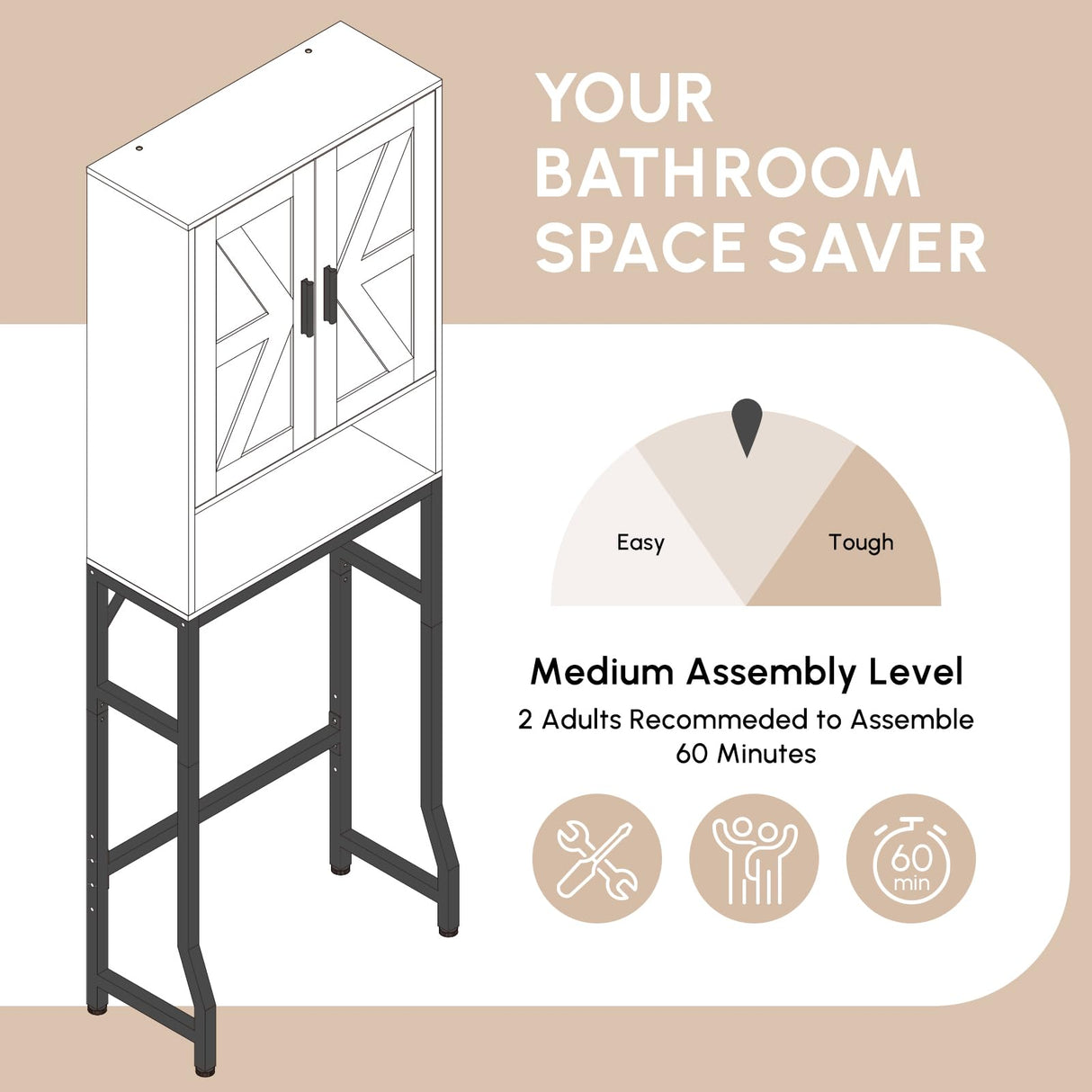 USHOWER Over The Toilet Storage Cabinet, Bathroom Organizers and Storage with Barn Doors, Thicken Metal Stand & MDF Wood Above Toilet Storage Cabinet, Freestanding Space Saver, White USHOWER