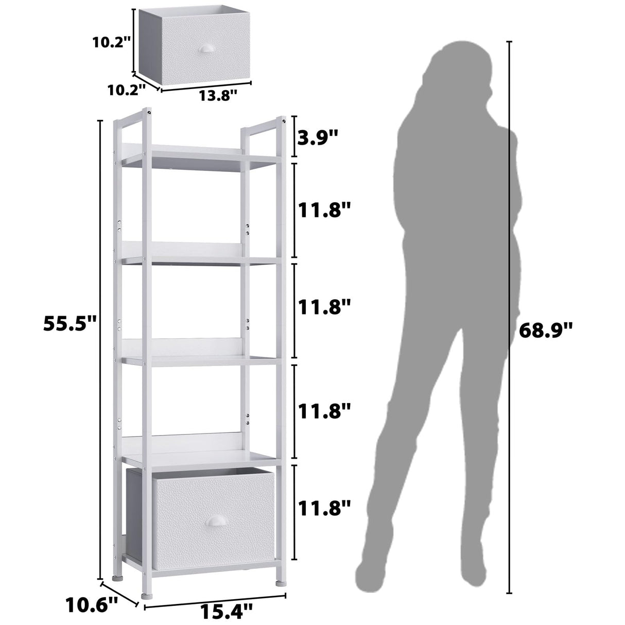 Furologee 5 Tier Bookshelf with Drawer, Tall Narrow Bookcase with Shelves, Wood and Metal Book Shelf Storage Organizer, Modern Display Standing Shelf Unit for Bedroom, Living Room, Office, White Furologee