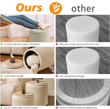 BLEXA Round Set of 2 Ottoman with Storage-Upholstered Velvet Vanity Stool for Makeup Multifunctional Ottomans Coffee Table Padded Seat Foot Rest for Living Room&Bedroom（White） BLEXA