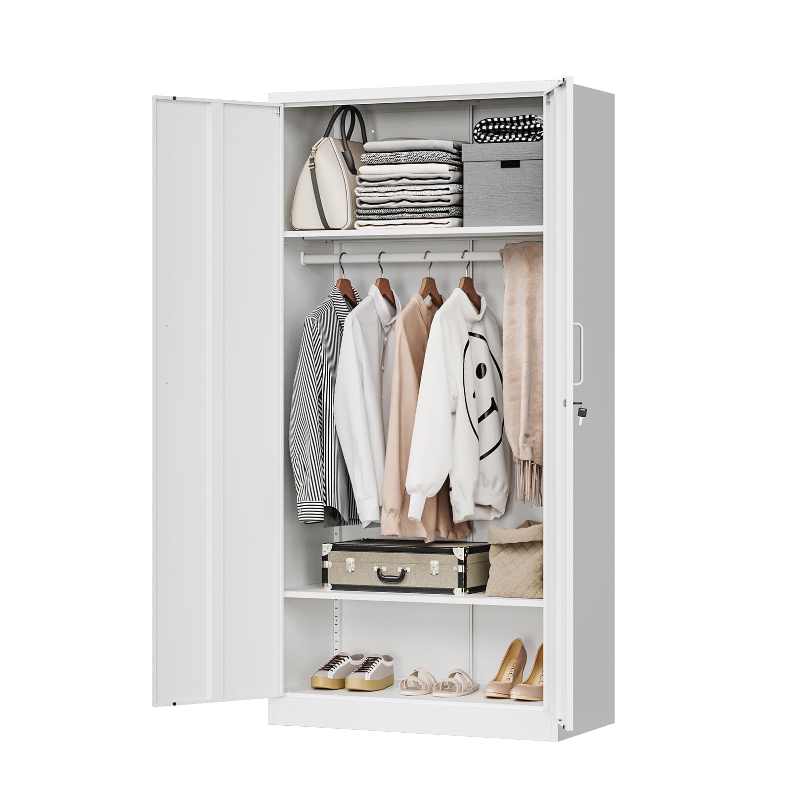 MIIIKO Metal Clothing Storage Locker, Steel Wardrobe Cabinets with Shelves and Hanging Rod, 72" Large Storage Locker Closet for Garments, Sports Equipment and Shoes - WoodArtSupply