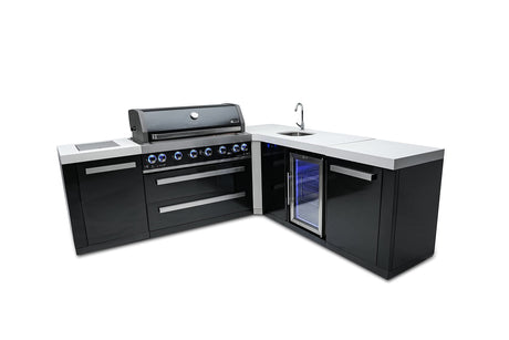 Mont Alpi MAi805-BSS90BEV 44-inch 6-Burner 115000 BTU 90 Degree Corner Black Stainless Steel Gas Outdoor Kitchen Bar Barbecue Island Grill w/Wine Cooler Beverage Center Refrigerator Mont Alpi