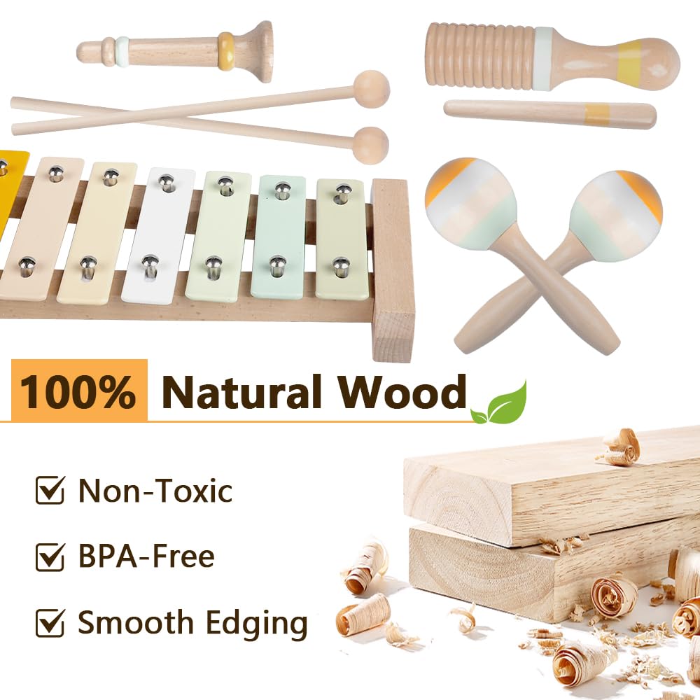 Baby Musical Instruments-Montessori Wooden Toys for Toddlers 1-3,Neutral Colors Percussion Instruments Set with Modern Boho Xylophone for Kids Preschool Educational 3+ (MIS898) Meytccve