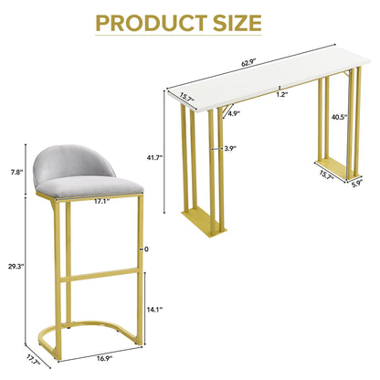 Industrial Gold Bar Table Set with 4 Velvet Stools for Small Spaces