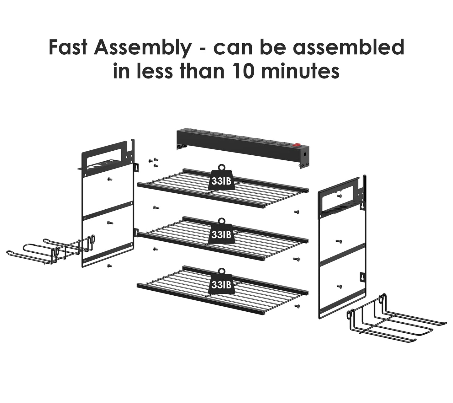 CCCEI Garage Tools Storage with Charging Station. Power Tool Battery Organizer Utility Shelf with Power Strip. 4 Drills Holder Wall Mount Rack, Black 3 Layer.