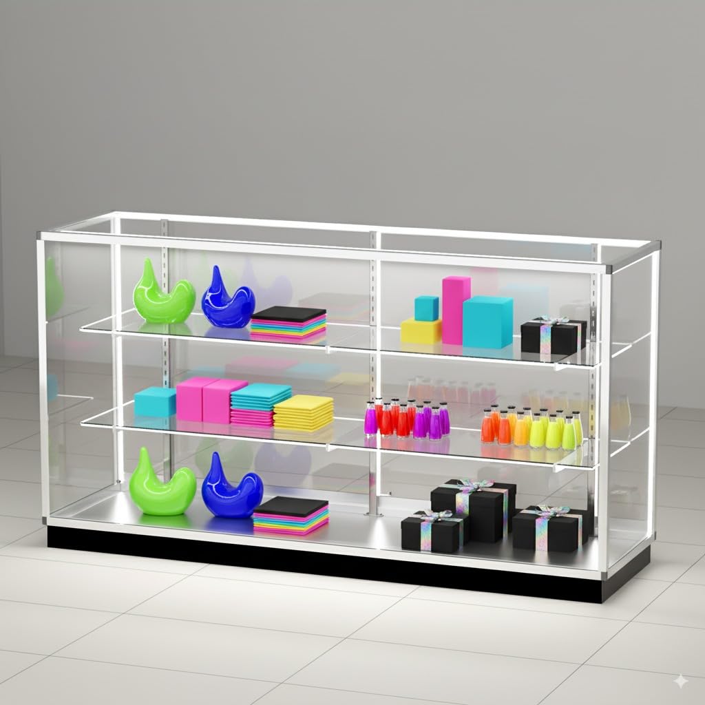 72" Glass Display Showcase Cabinet –Silver Aluminum Frame, Tempered Glass Shelves, Lockable Sliding Doors & LED Lighting – Extra Vision Retail Fixture for Stores, Exhibits & Collectibles Generic