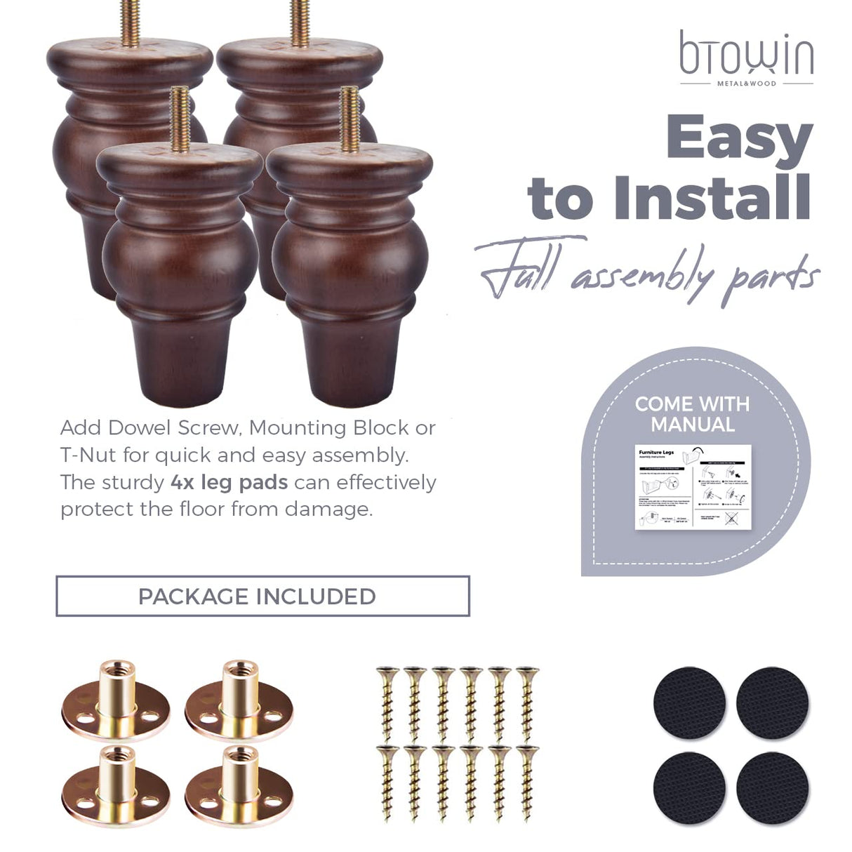 Btowin 4 inch Solid Wood Furniture Legs, 4Pcs Wooden Turned Bun Feet with Threaded 5/16'' Hanger Bolts & Mounting Plate & Screws for Sofa Couch Chair Ottoman Loveseat Btowin