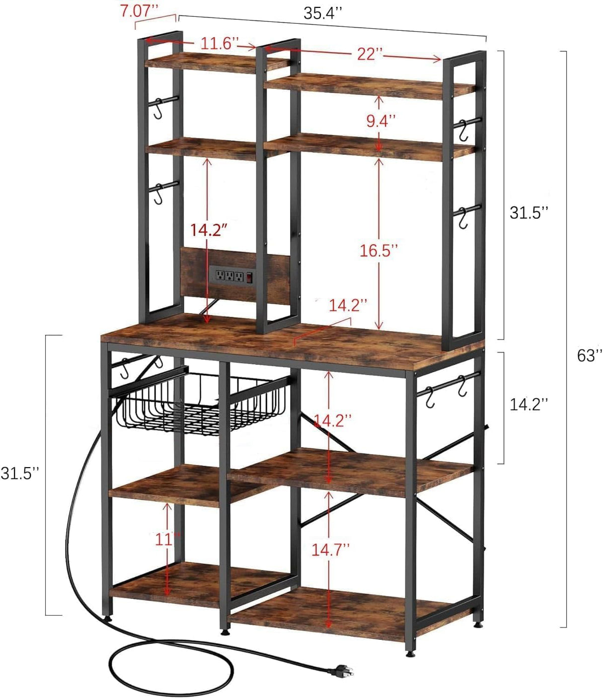 Standing Kitchen Baker’s Rack, Bakers Rack with Power Outlet, 6-Tier Microwave Stand, Coffee Bar with 12 S-Shaped Hooks, Kitchen Shelf with Storage, Coffee Bar Station, for Rustic Brown Cheersstar