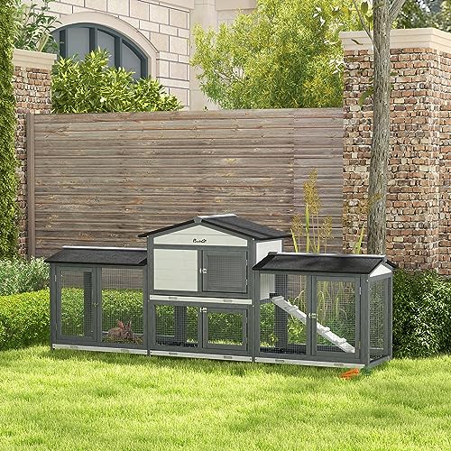 PawHut 90.5" Wooden Rabbit Hutch Bunny Cage Pet Playpen House Enclosure with Double Side Run Boxes, No Leak Tray, Ramp, for Guinea Pig and Small Animals, Light Gray - WoodArtSupply