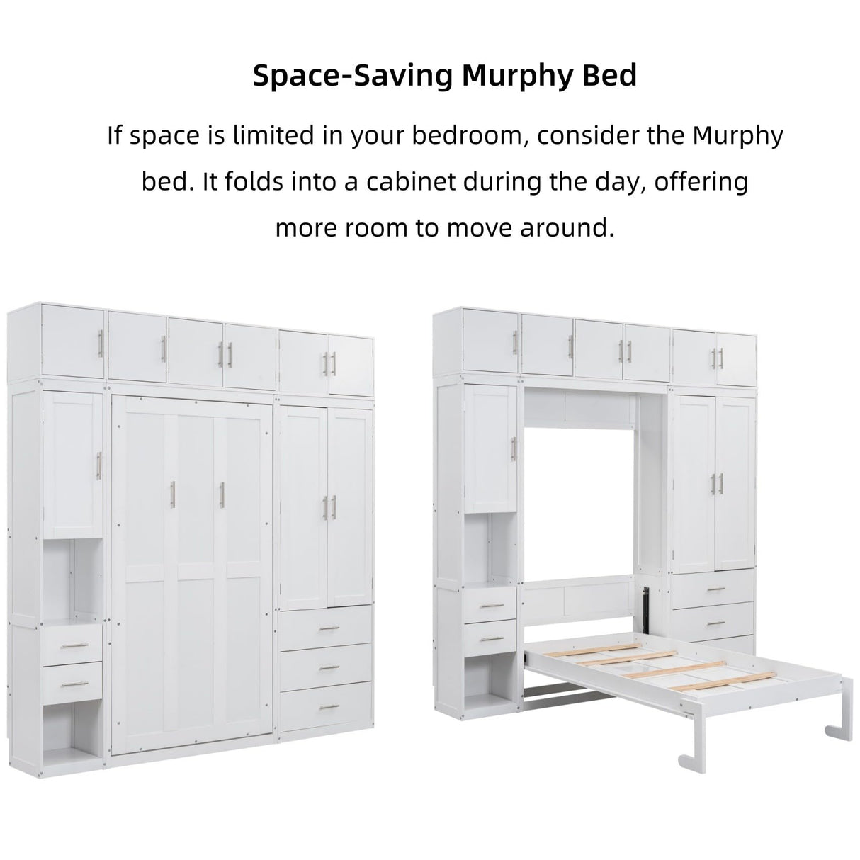 Merax Twin Size 99''H Pine Wood Murphy Bed Cabinet with Lockers and Storage Wardrobes Shelves, Foldable Platform Bedframe for Home, Bedroom, Small Room, Apartment, Includes Installation Video, White Merax