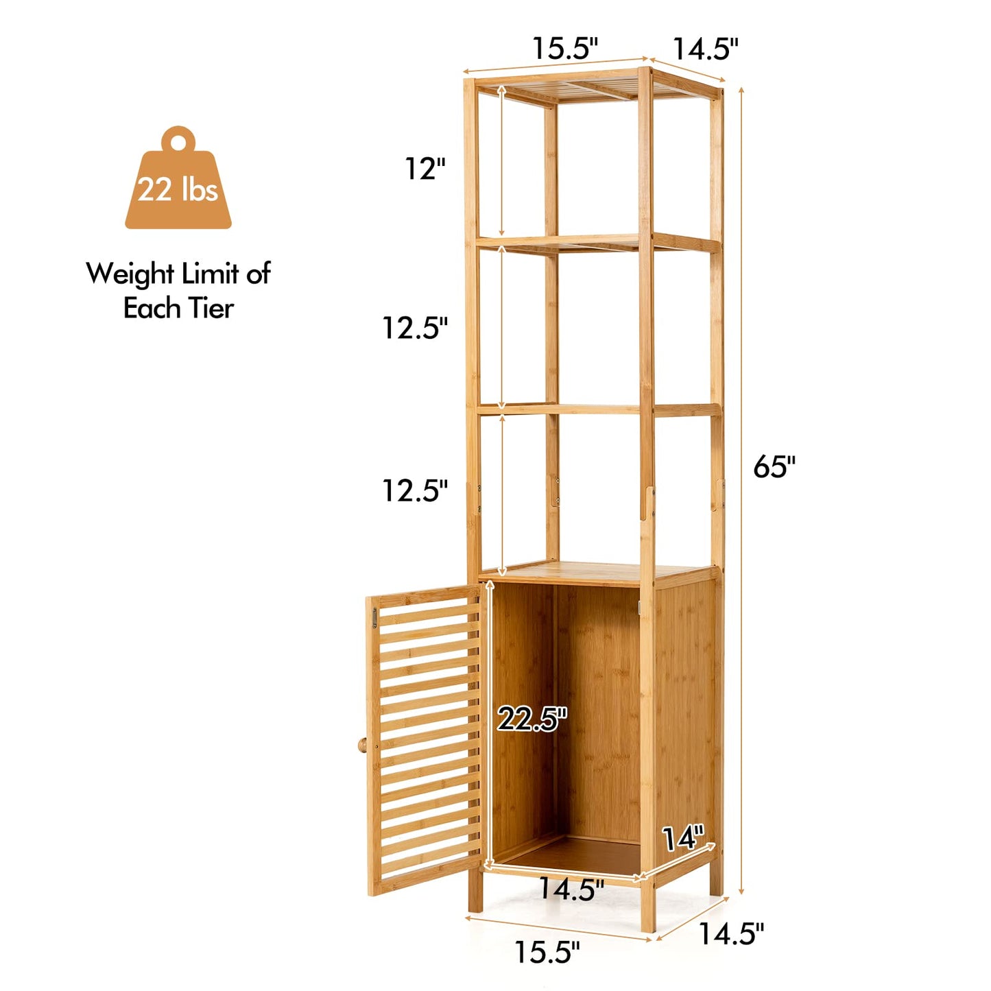 LOKO Tall Bamboo Cabinet, Slim Narrow Floor Storage Cabinet with 3 Tier Shelves & Shutter Door, Freestanding Linen Tower Cabinet for Bathroom, Living