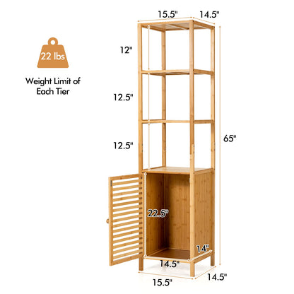 LOKO Tall Bamboo Cabinet, Slim Narrow Floor Storage Cabinet with 3 Tier Shelves & Shutter Door, Freestanding Linen Tower Cabinet for Bathroom, Living