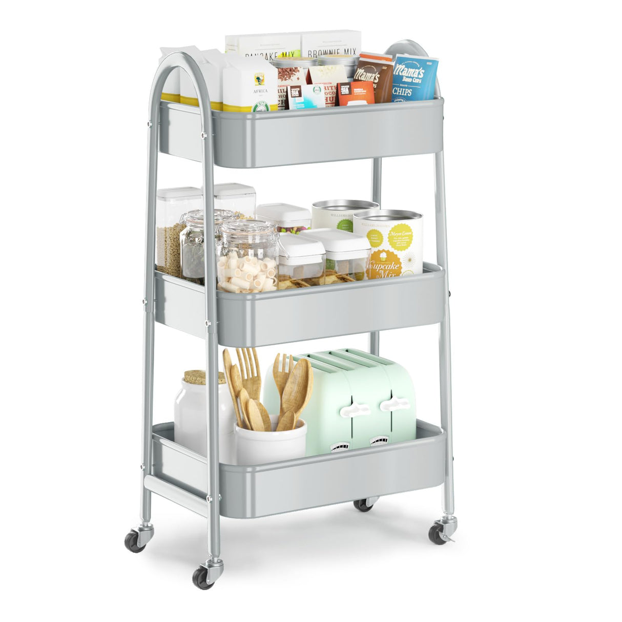 EAGMAK 3 Tier Utility Rolling Cart, Metal Storage Cart with Handle and Lockable Wheels, Multifunctional Storage Organizer Trolley with Mesh Baskets for Kitchen, Living Room, Office, Garage (Grey) EAGMAK