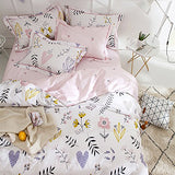 BuLuTu Floral Love Print Girls Duvet Cover Full White/Pink Cotton Premium Blossom Kawaii Reversible Kids Bedroom Comforter Cover Queen Duvet Cover for Toddler,Teen,Lightweight,Zipper Closure BuLuTu
