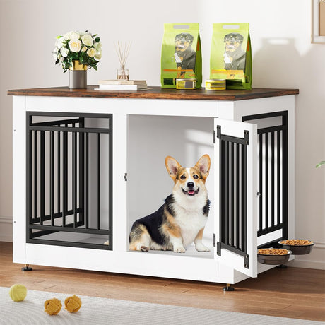 YITAHOME 35" Dog Crate Furniture, Wooden Side End Table with Adjustable Feet and Removable Bowls, Dog Kennel Indoor for Small Medium DogsV YITAHOME