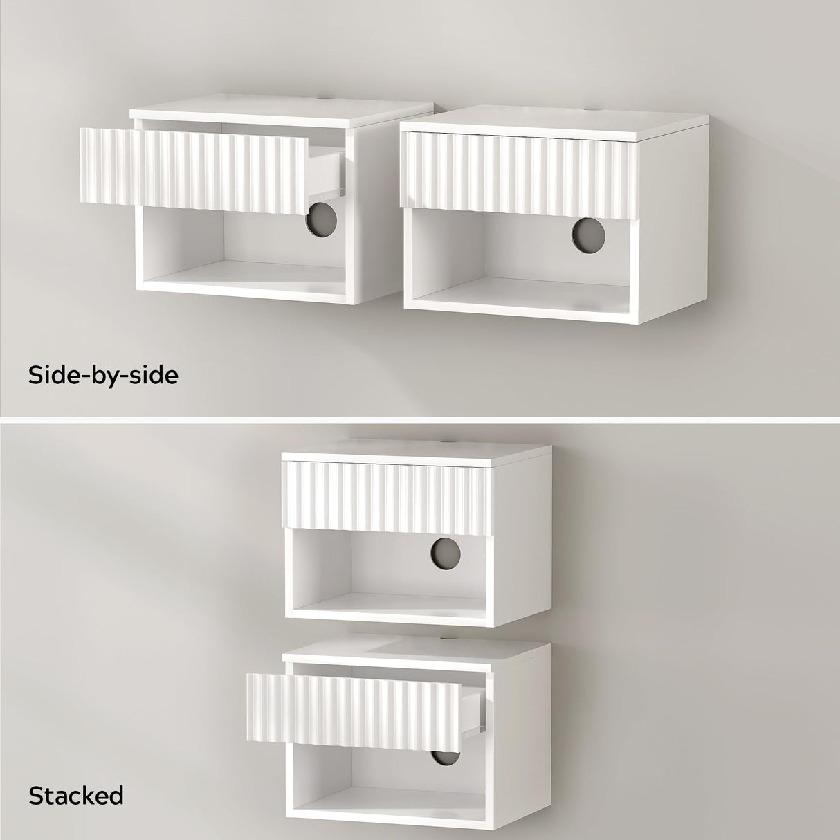 EYYTHUNG Fluted Wall Nightstand Set of 2 with Drawer, Modern Floating Night Stand with Fluted Door and Open Storage Shelf Wall Mounted Bedside Table for Bedroom Bathroom Entryway, White EYYTHUNG