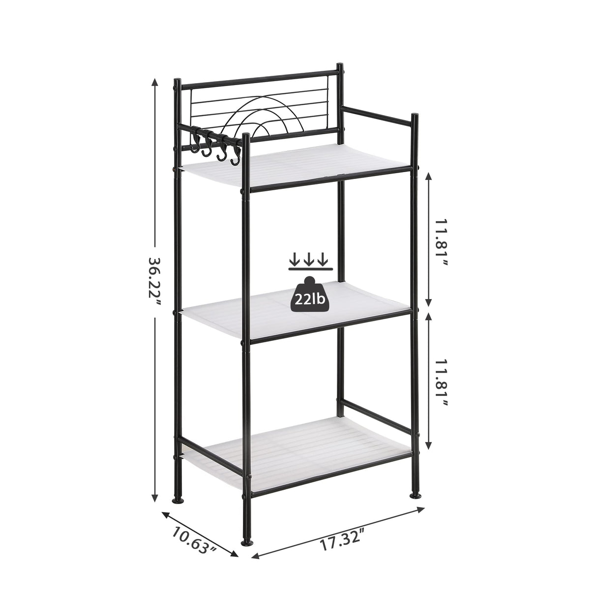 MallBoo 3-Tier Metal Freestanding Storage Shelf,Standing Bathroom Shelves with 3 x PP Shelf Liners and 4 x Hooks for Laundry Kitchen Office (Black) MallBoo