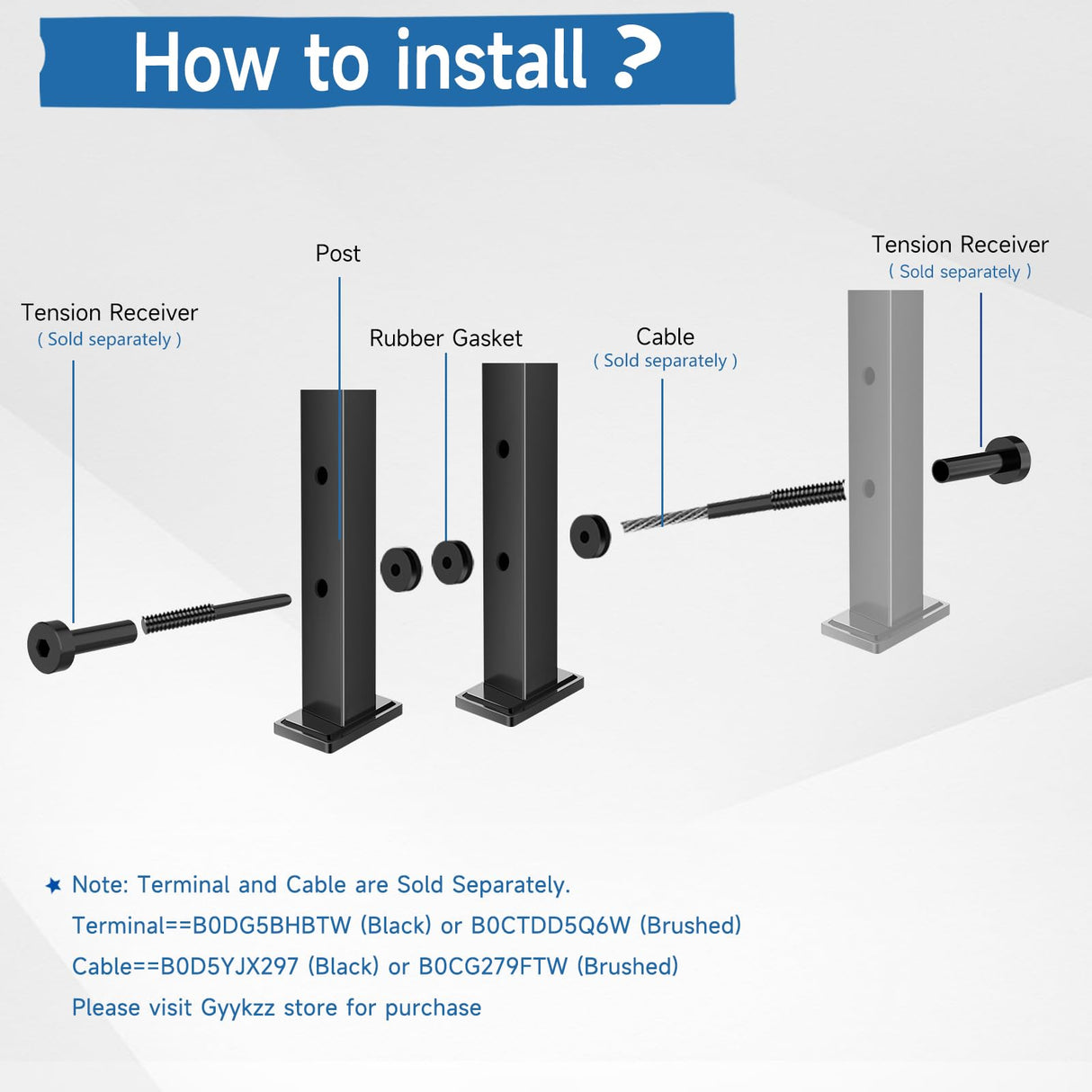 Gyykzz 4 Pack Cable Railing Post 36Inch, Level Drilled Railing Post with Flat Design Silicon Rings, Stainless Steel Horizontal Hole Deck Wire Railing Posts, Black Flat Top Metal Post (No Handrail) Gyykzz