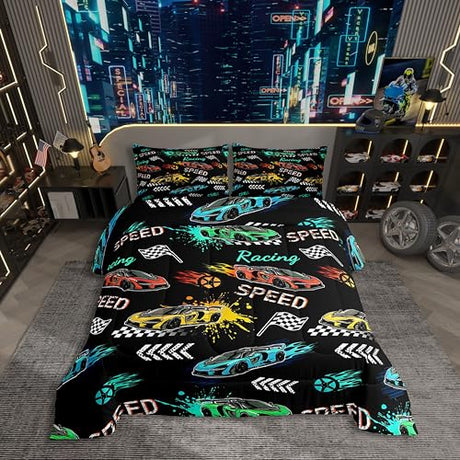 Erosebridal Cartoon Sports Car Twin Comforter Set for Kids Boys Girls,Colorful Racing Car Bedding Set,Extreme Sport Games Duvet Insert,Cool Speed Cars Bed Set for All Season Erosebridal