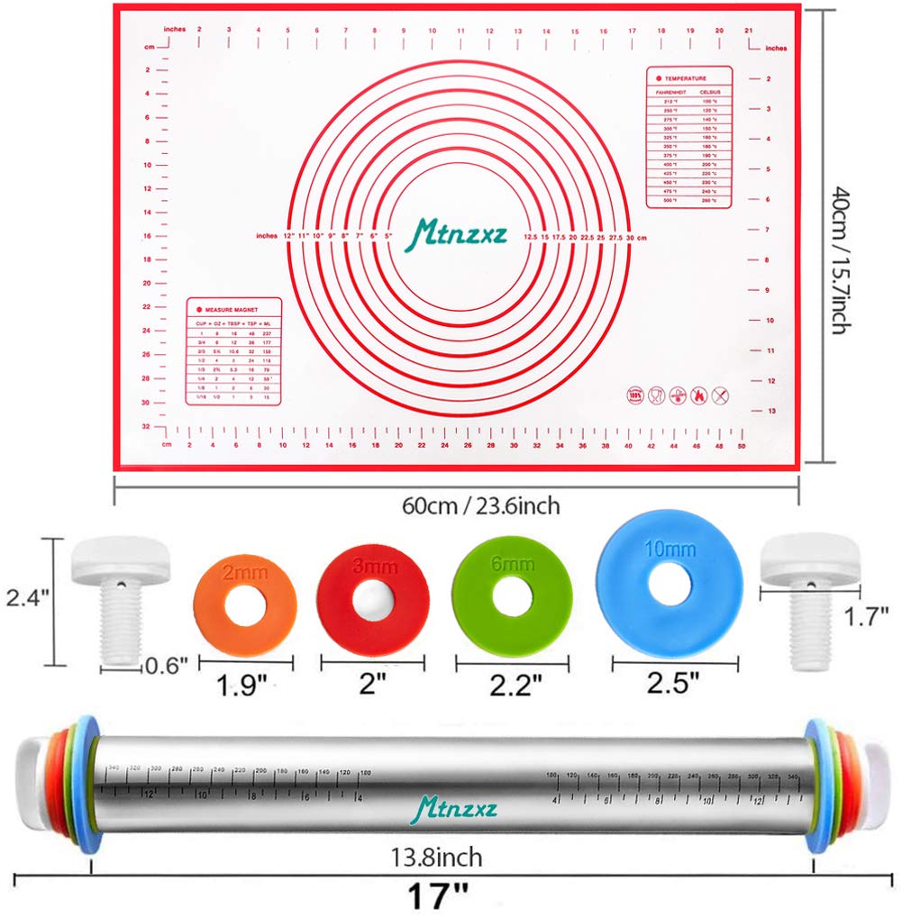 Rolling Pin and Silicone Baking Pastry Mat Set, Stainless Steel Dough Roller with Adjustable Thickness Rings, for Pizza, Pie, Pastries, Pasta, Cookies MTNZXZ