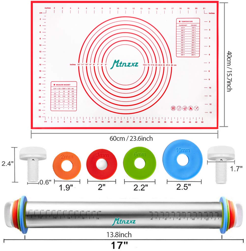Rolling Pin and Silicone Baking Pastry Mat Set, Stainless Steel Dough Roller with Adjustable Thickness Rings, for Pizza, Pie, Pastries, Pasta, Cookies