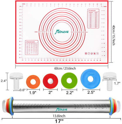 Rolling Pin and Silicone Baking Pastry Mat Set, Stainless Steel Dough Roller with Adjustable Thickness Rings, for Pizza, Pie, Pastries, Pasta, Cookies