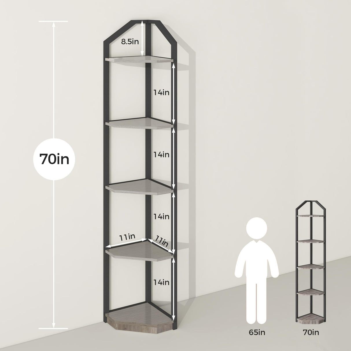 Fun Memories 5 Tier Corner Shelf, 70” Corner Shelf Stand, Corner Bookshelf Plant Stand, Storage Shelf for Bathroom, Living Room, Kitchen,Grey Home Office, Grey Fun Memories