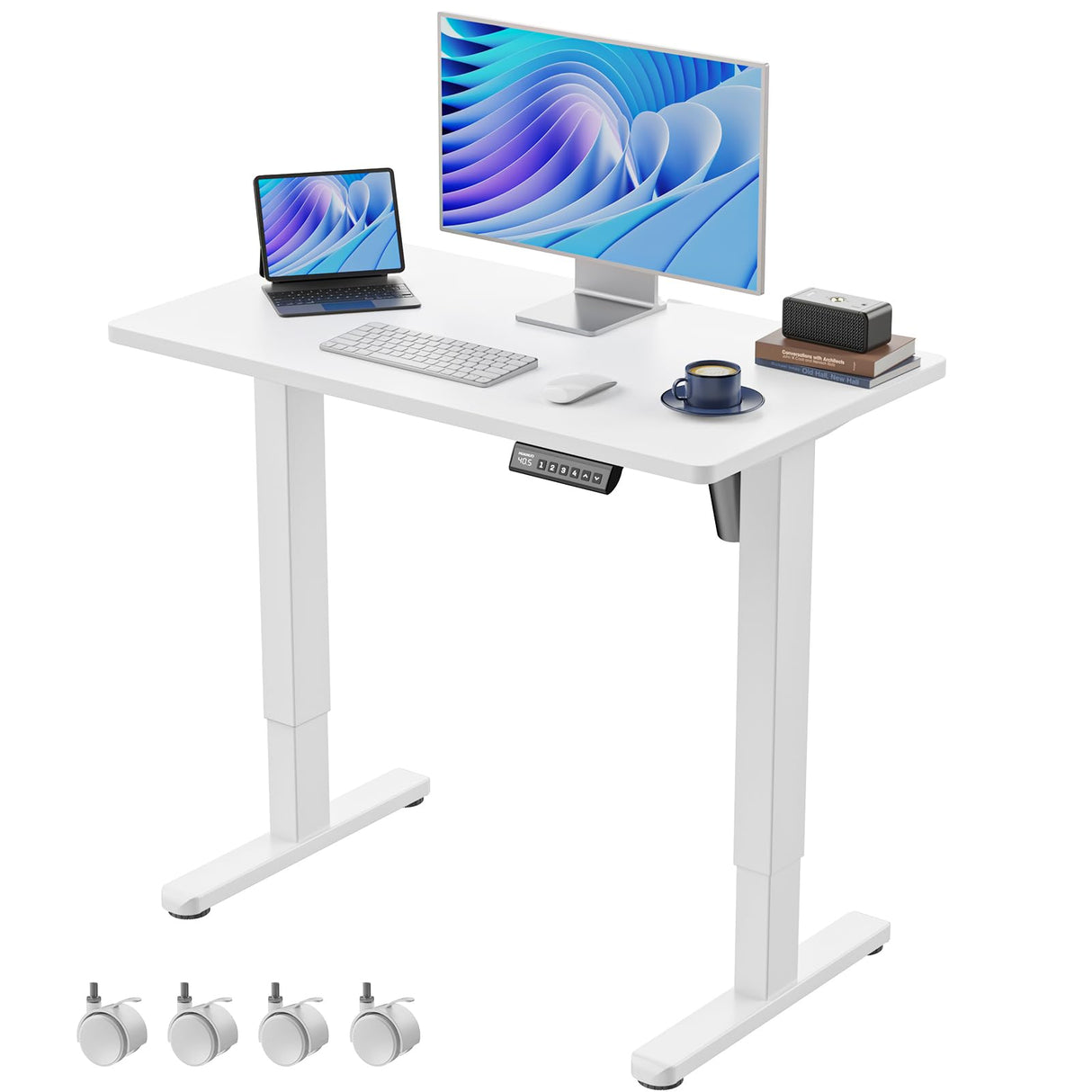 HUANUO Electric Small Standing Desk, 35" x 20" Whole Piece Desktop, Adjustable Height Computer Desk, 4 Height Memory Settings, Sit Stand Up Desk for Home Office, White HUANUO