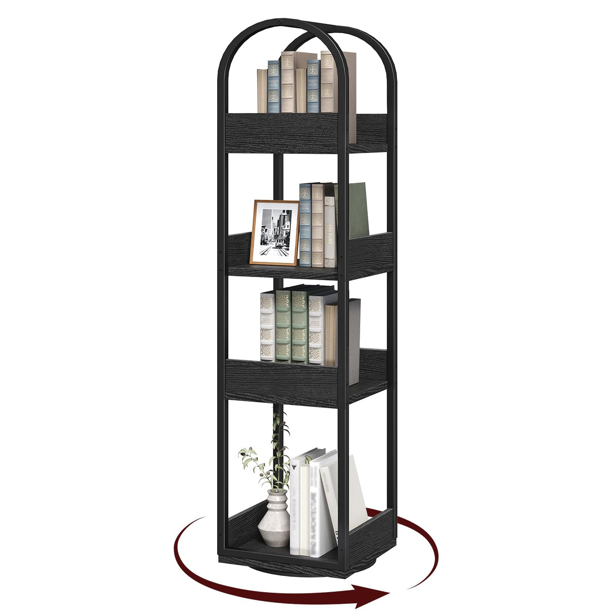 MAHANCRIS 4-Tier Bookshelf, Rotating Bookcase, 360° Spinning Book Shelf, Rotate Corner Book Shelve, Storage Rack, for Study, Home Office, Black BKBK3401 MAHANCRIS