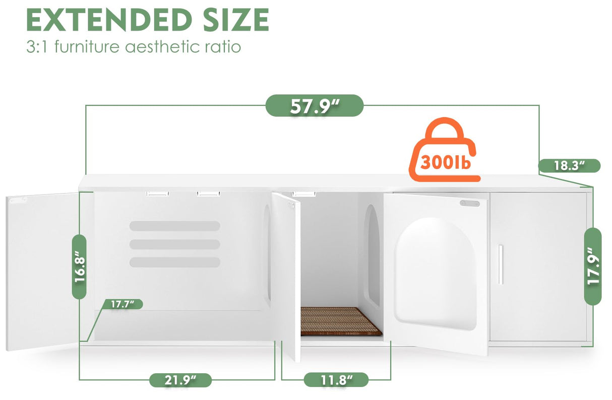 Amunrbrek Litter Box Enclosure for 2 Cats, Cat Litter Box Enclosure Furniture with Double Room, Wooden Litter Box Furniture with Cat Door, White amunrbrek