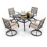 PHI VILLA 5-Piece Outdoor Dining Set, 4 Steel Metal Swivel Patio Chairs & 1 Square Dining Table, Wood-Like Pattern Armrest PHI VILLA