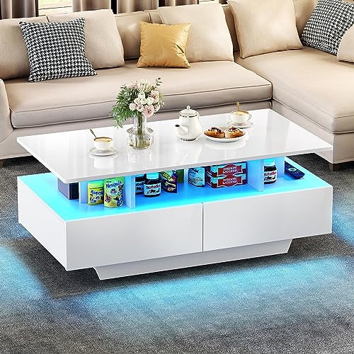 YITAHOME LED Coffee Table with Storage, High Glossy LED Coffee Tables for Living Room, Small Center Table with Open Display Shelf & Sliding Drawers, White