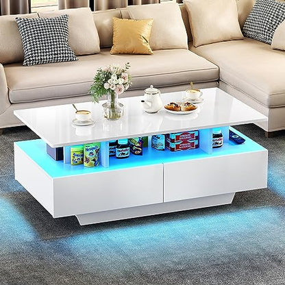 YITAHOME LED Coffee Table with Storage, High Glossy LED Coffee Tables for Living Room, Small Center Table with Open Display Shelf & Sliding Drawers, White