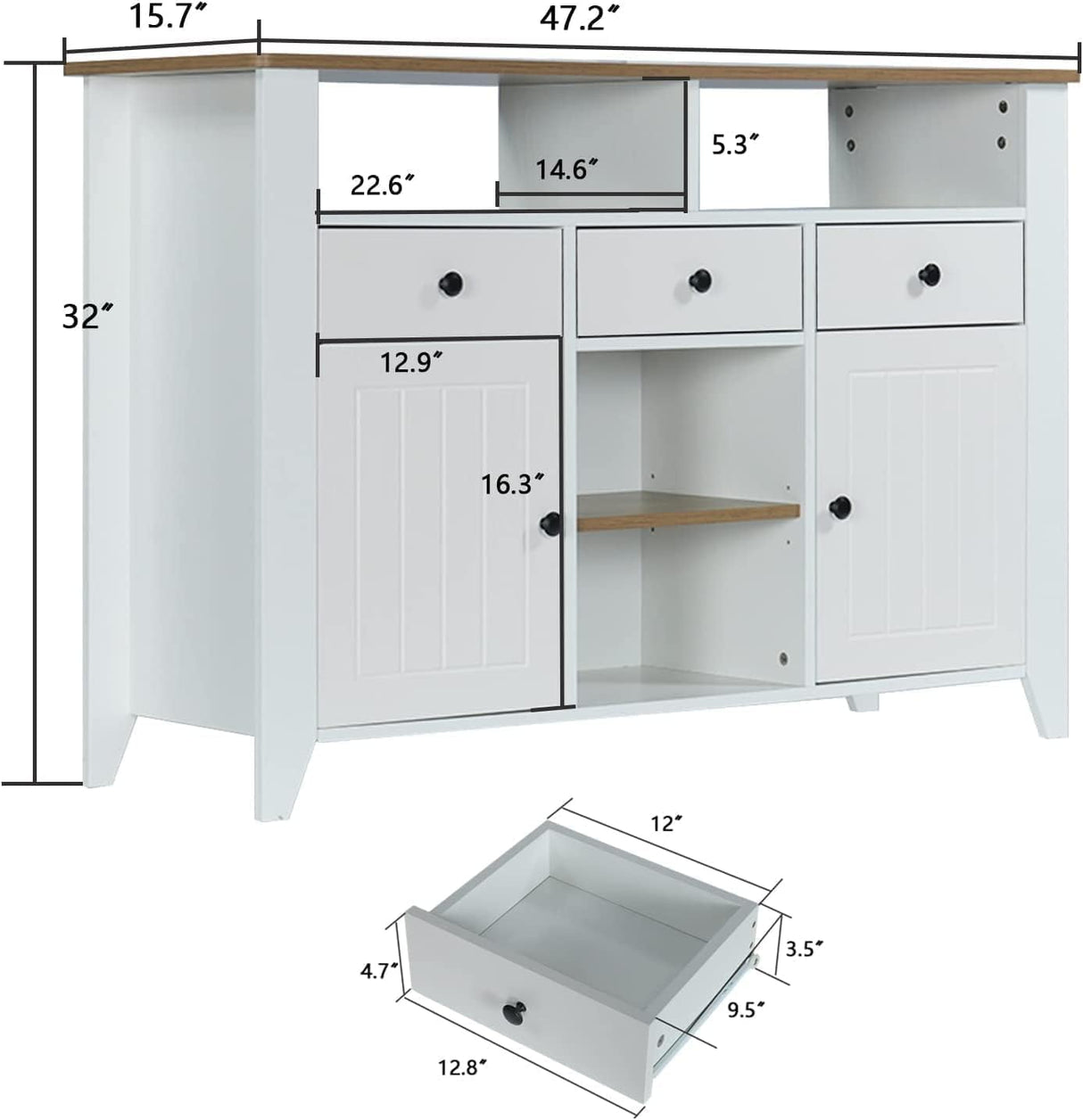 Elegant White Coffee Bar Cabinet with Storage - 47'' Farmhouse Buffet with 3 Drawers, 2 Doors, and Open Shelf 4ever2buy