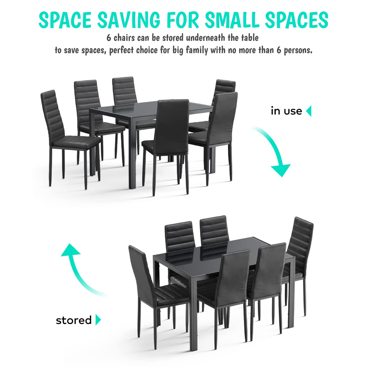 Gizoon Glass Dining Table Sets for 6, 7 Piece Kitchen Table and Chairs Set for 6 Person, PU Leather Modern Dining Room Sets for Home, Kitchen, Living Room Gizoon