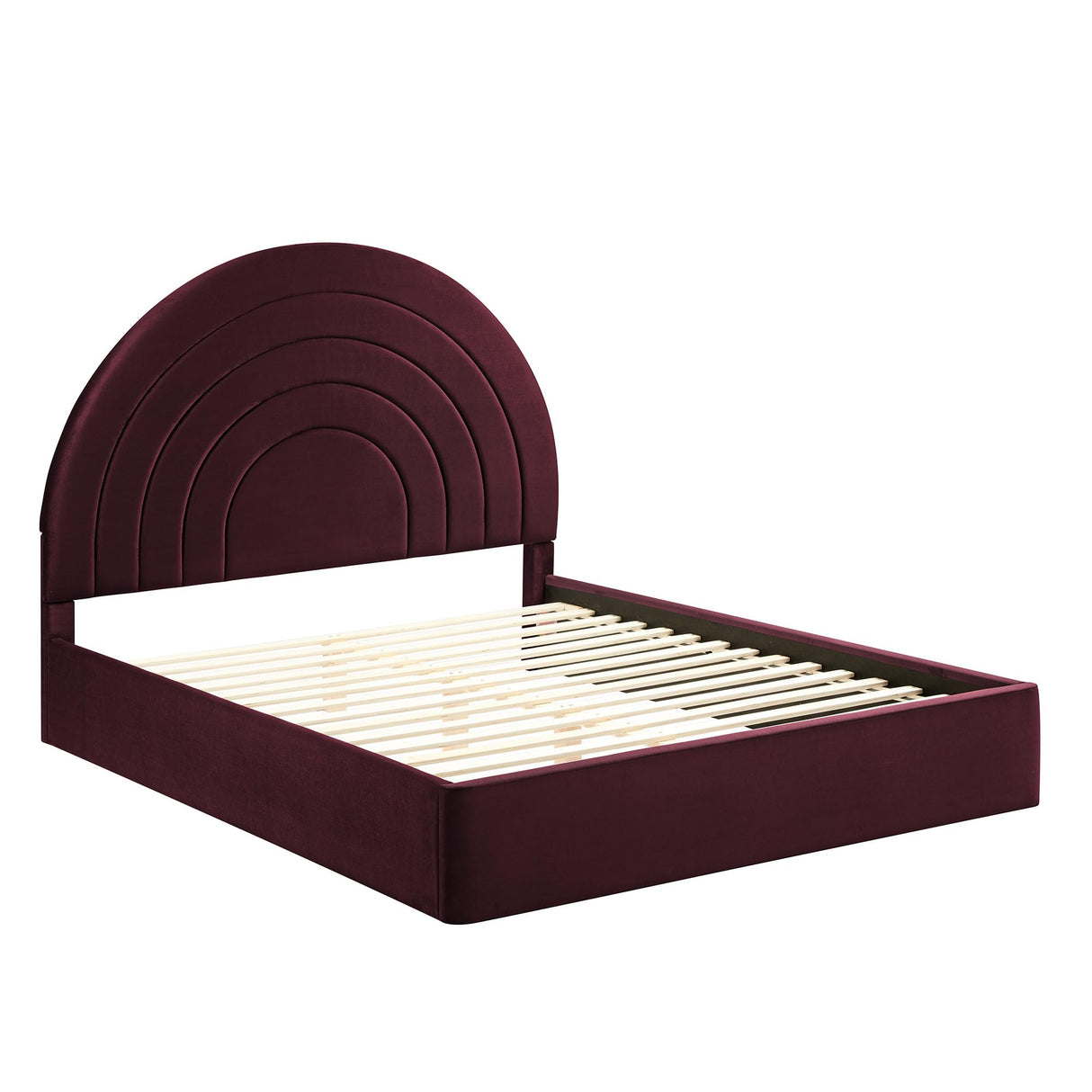 Modway Solana Queen Size Performance Velvet Platform Bed in Mulberry – Upholstered Bed Frame with Soft Arch Shaped Padded Headboard - Plinth Base Platform Bed Frame Modway