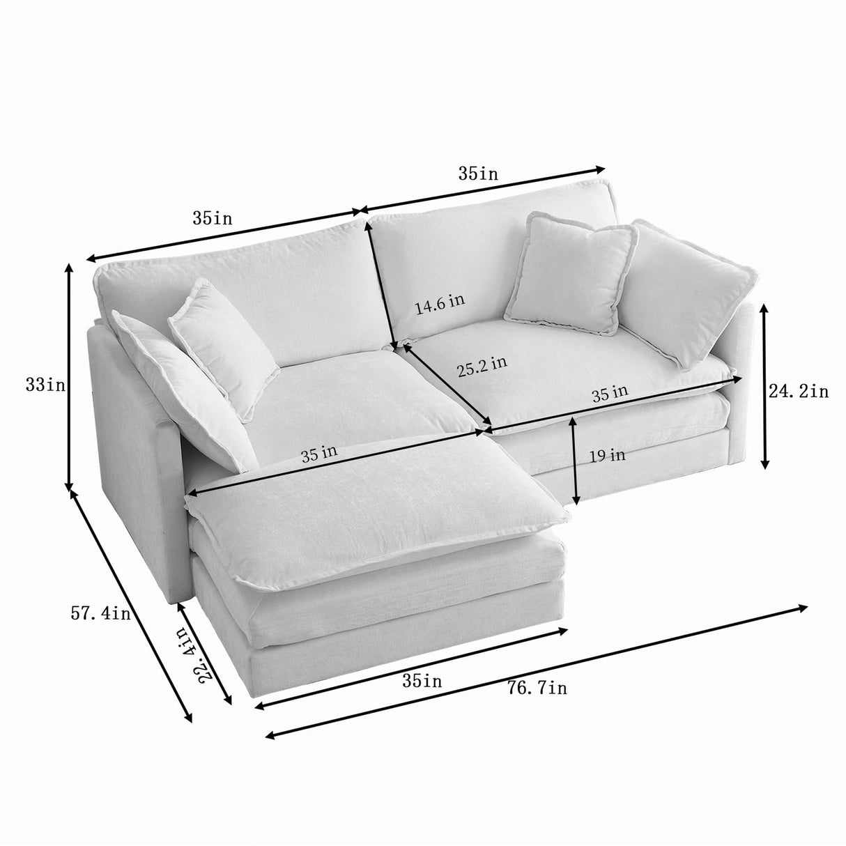 76.7" Oversized Beige Loveseat Sofa, Ivory Off-White 2 Seater Large Sectional Couches for Living Room, Chenille Fabric Modular Sectional Sofa with 1 Ottoman, Modern Sofas Set, Love Seat Couches ODUSE-DAILY