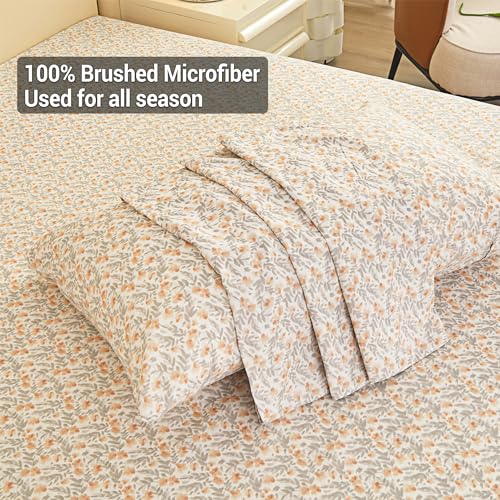 Viviland Floral Twin Sheet Set - 3 Piece Vintage Light Orange Flower Patterned Bed Sheets - Soft, Breathable Microfiber Sheets with Deep Pocket, Non-Slip Fitted Sheets & Pillowcases Viviland