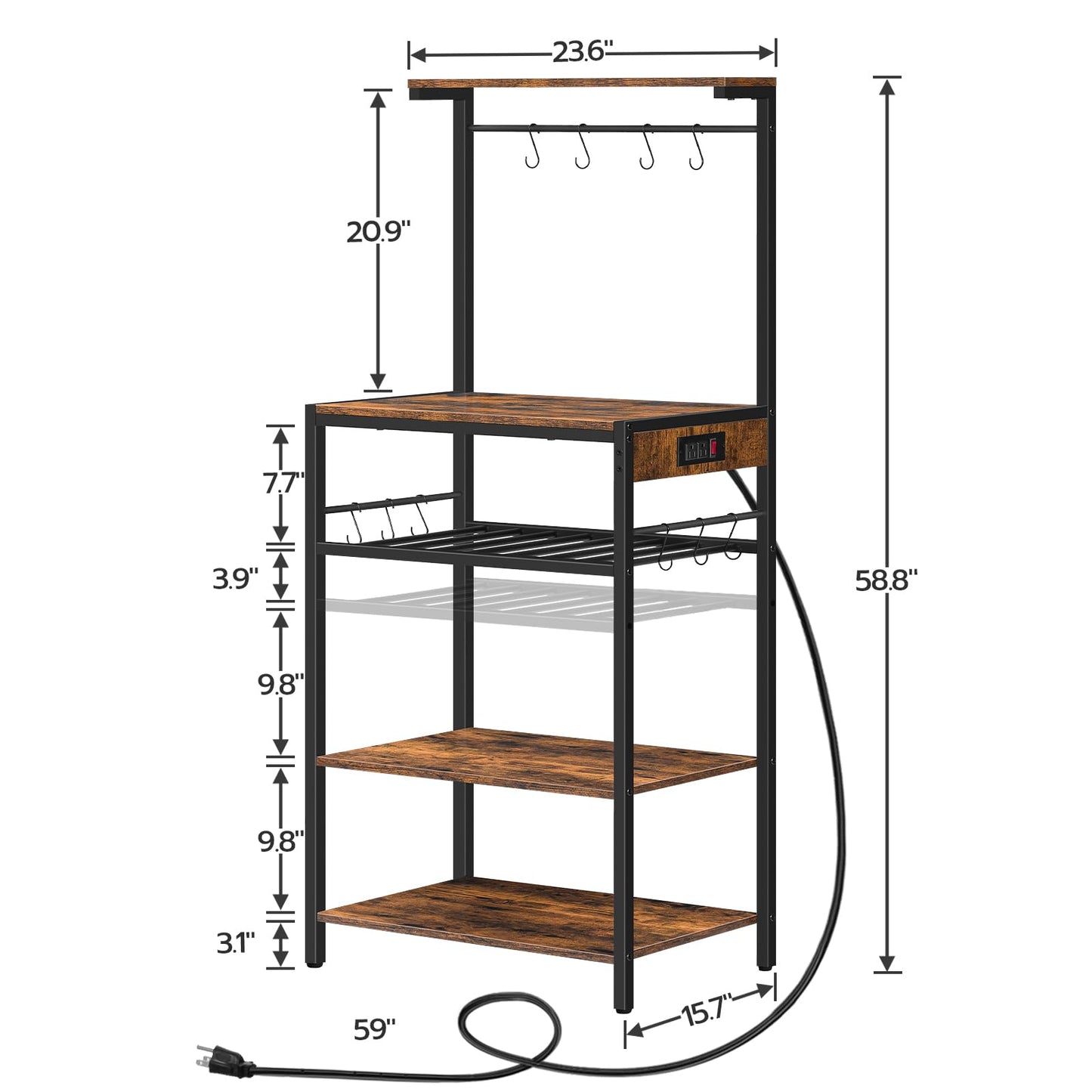 HOOBRO Kitchen Bakers Rack with Power Outlet, 5-Tier Coffee Bar with Adjustable Wine Rack, Microwave Stand with 10 S-Shaped Hooks, Kitchen Storage Shelf Rack, Rustic Brown BF60UHB01