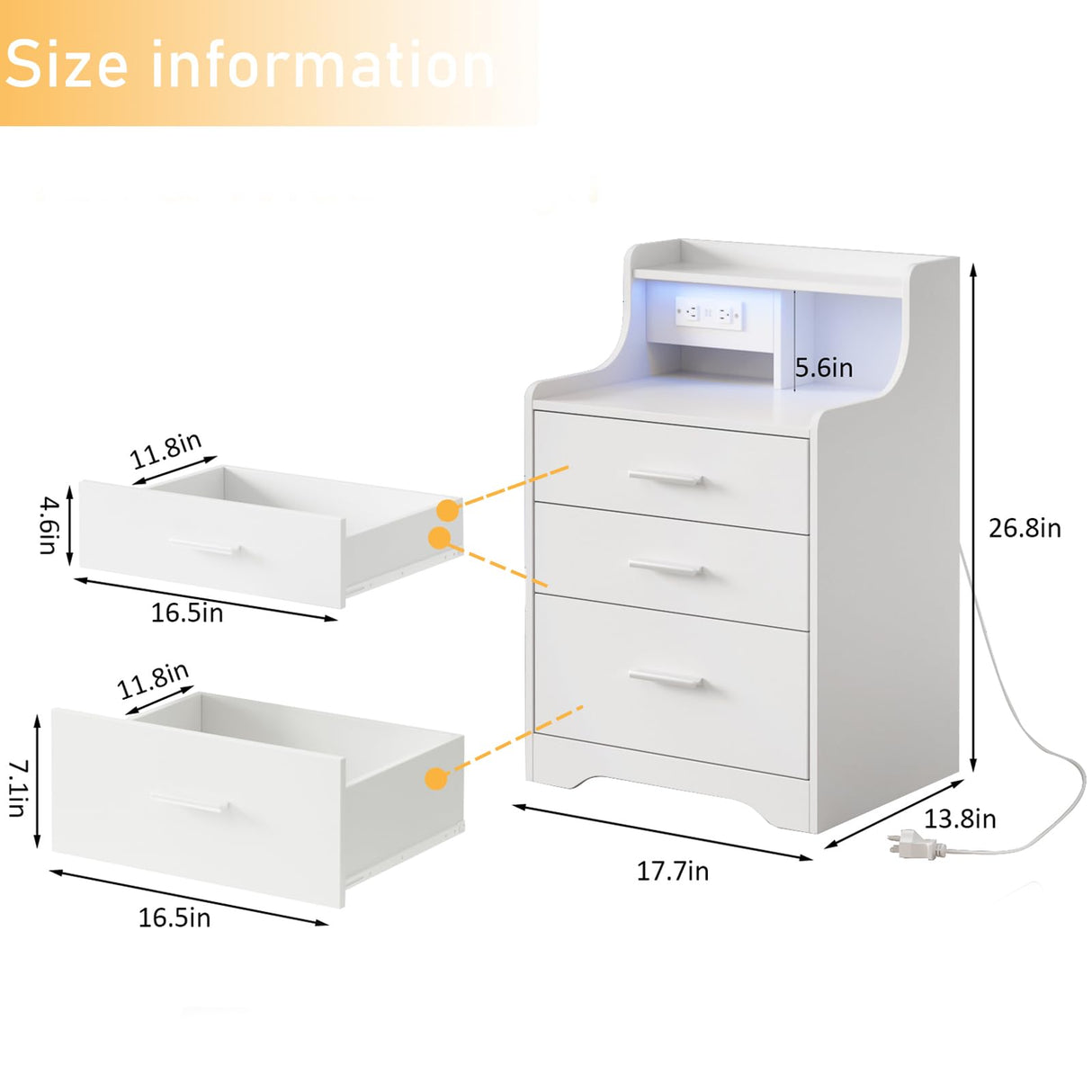 Vabches Nightstand with Charging Station, LED Nightstand with 3 Drawers, Smart Night Stand Bed Side Table, Wood Nightstand for Bedroom Living Room Vabches