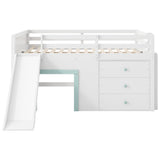 Quarte Full Size Kids Low Loft Bed with Slide,Three Storage Drawers and Two Doors,Solid Wood & MDF Construction, No Box Spring Needed Quarte