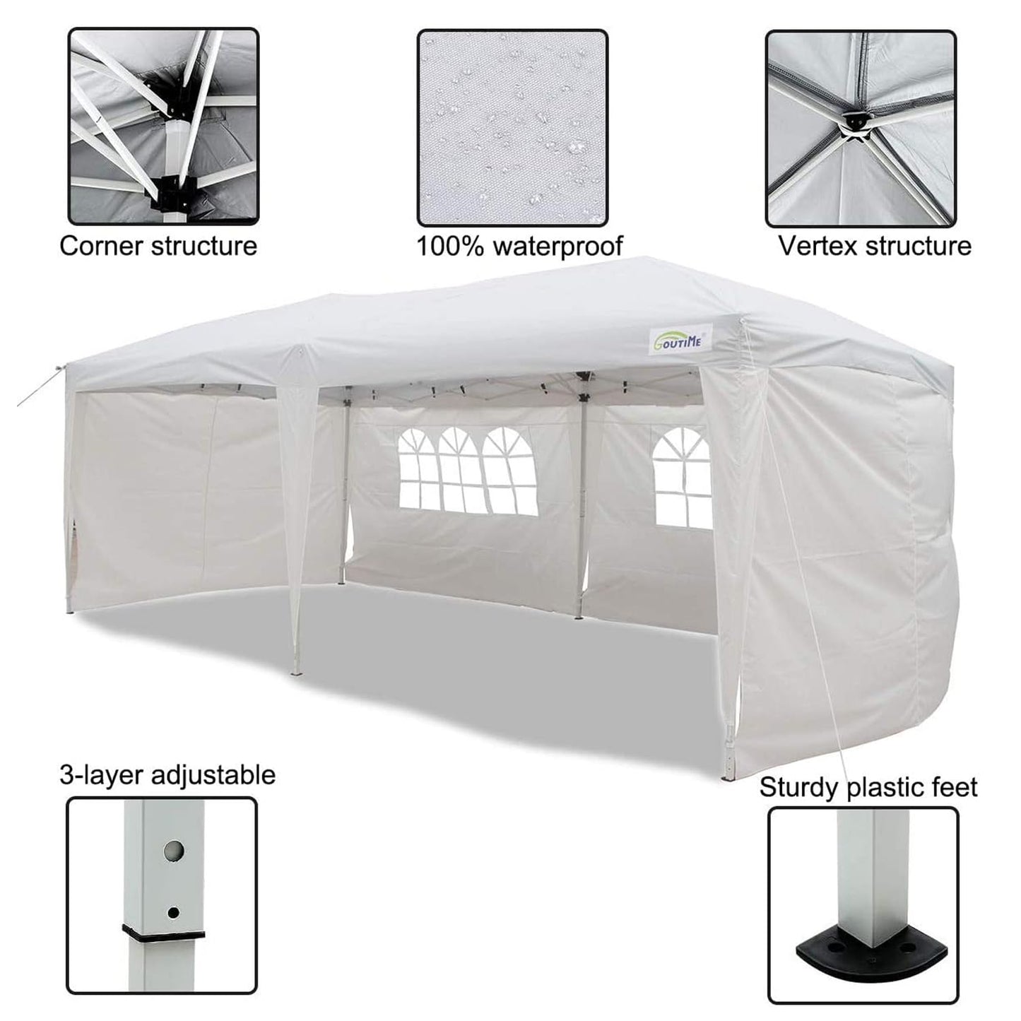 GOUTIME 10x20 Pop Up Canopy Tent with Sidewalls for Outdoor Christmas Party Events,White Easy Up Commercial Heavy Duty Large Gazebo Tents for Parties,Patio,Backyard - WoodArtSupply