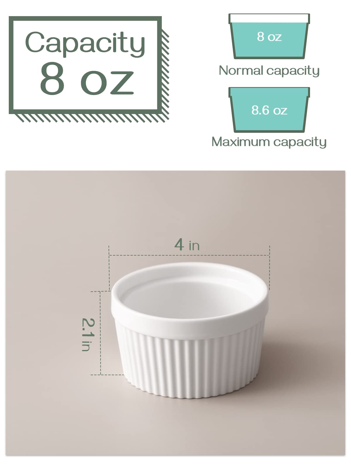 DOWAN 8 oz Ramekins for Creme Brulee Porcelain Ramekins Oven Safe, Classic Style Ramekins for Baking Souffle Ramekins Bowls, Set of 6, White DOWAN