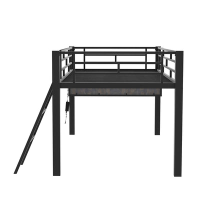 Brabrety Black Mid Loft Bed with Desk and LED for Ultimate Gaming Experience - WoodArtSupply