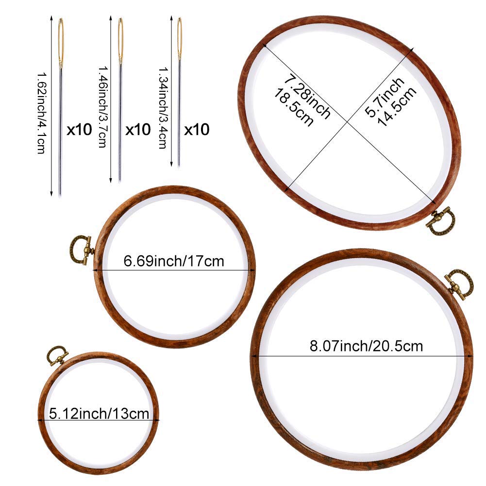4 Pack Embroidery Hoop Ring, Imitated Wood Display Frame Circle and Oval Embroidery Kits with 30 Pieces Large Eye Embroidery Needles, Quilting Hoop and Cross Stitch Supplies for Sewing and Wall Hang JUPEAN